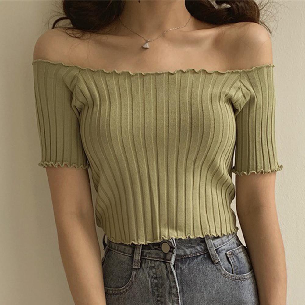 Women T Shirt Solid Color Off Shoulder One Size Short Sleeve Slim Crop Top Knitted T-shirt Ladies Top