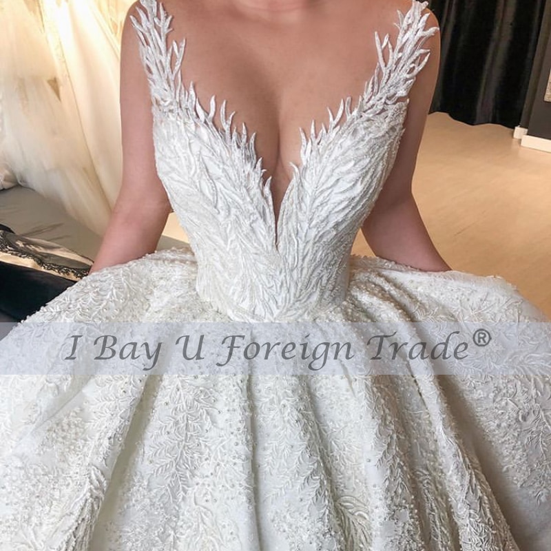 Arabic Luxury Beaded Lace Wedding Dress Vestidos De Novia 2021 V Neck Wedding Bridal Gowns Robe De Mariee Mariage