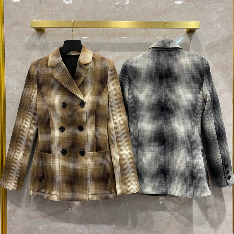 2021 Spring New designer women's blazer jackets High quality england style double-breasted plaid wool coat C357