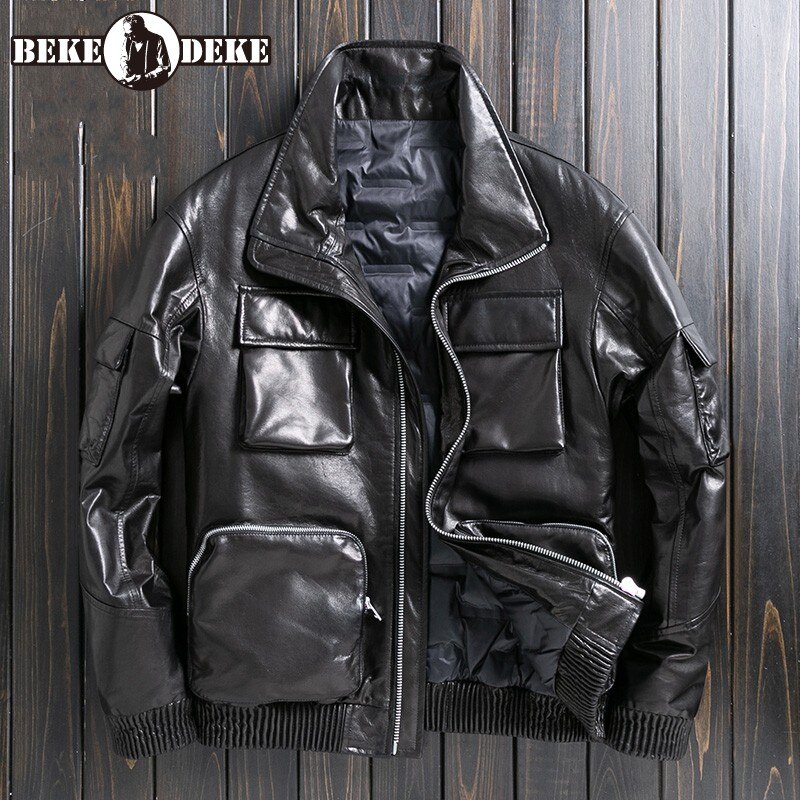 Men Genuine Leather Down Jacket Winter Multi-Pockets Biker Cargo Jacket Brand Street Zipper Black Warm Punk Outerwear Oversize