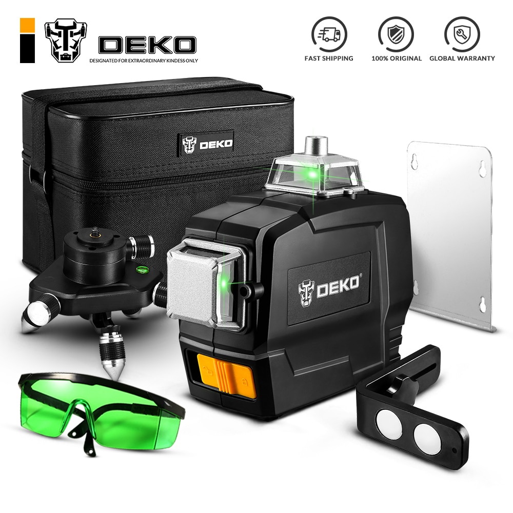 DEKO DKLL12PB Series 12 Lines 3D Green Laser Level Horizontal&Vertical Cross Lines With Auto Self-Leveling, Indoors&Outdoors