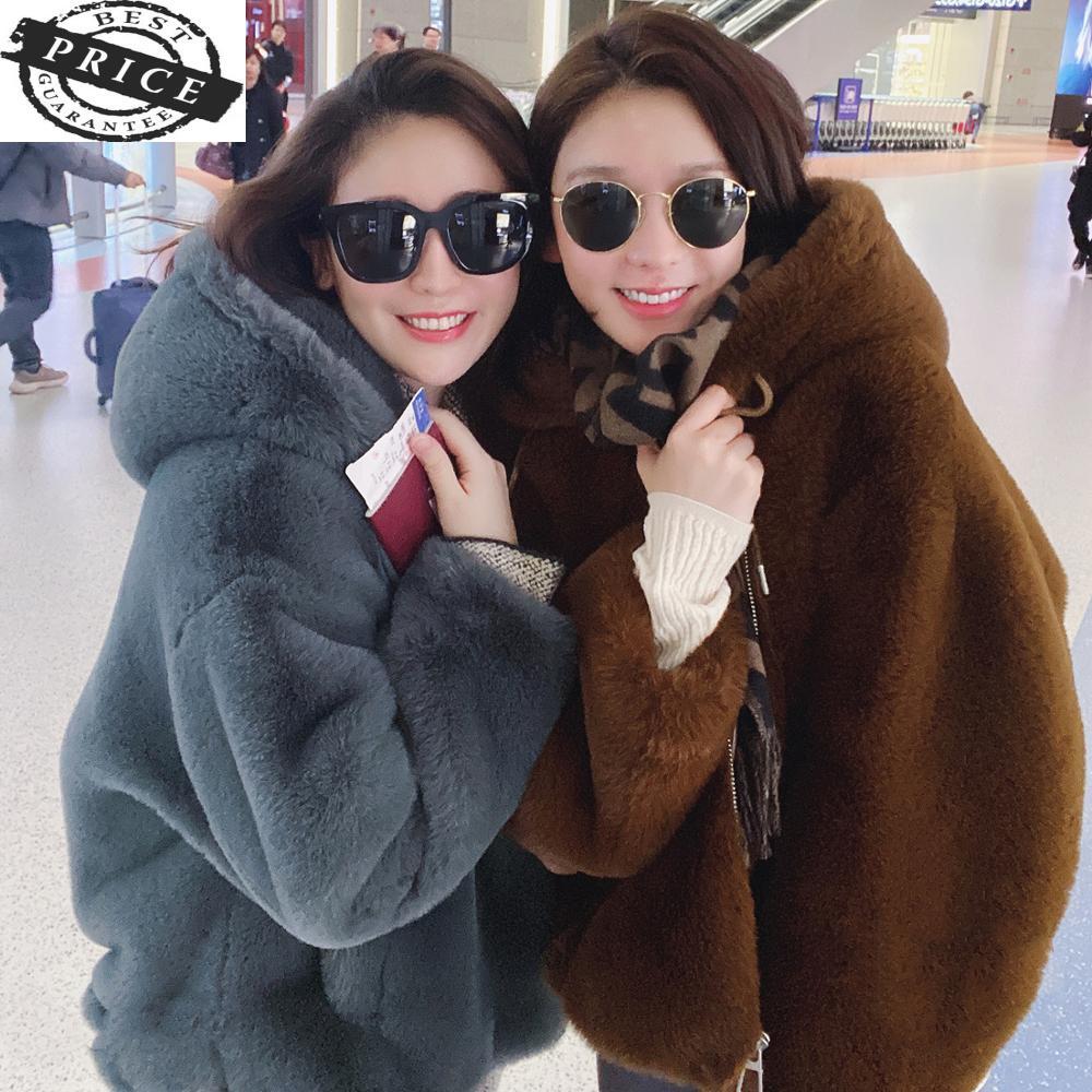 short 2021 New fashion Women's fur coat street fur hood plus size loose casual high quality Thicken warm clothes Female parka