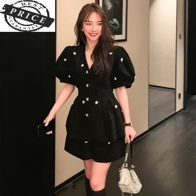 Winter and 2021 Black Autumn Two-Piece O-neck High-Waist Dress Vintage Temperament Women's Suit Celebrity Runway Party Set