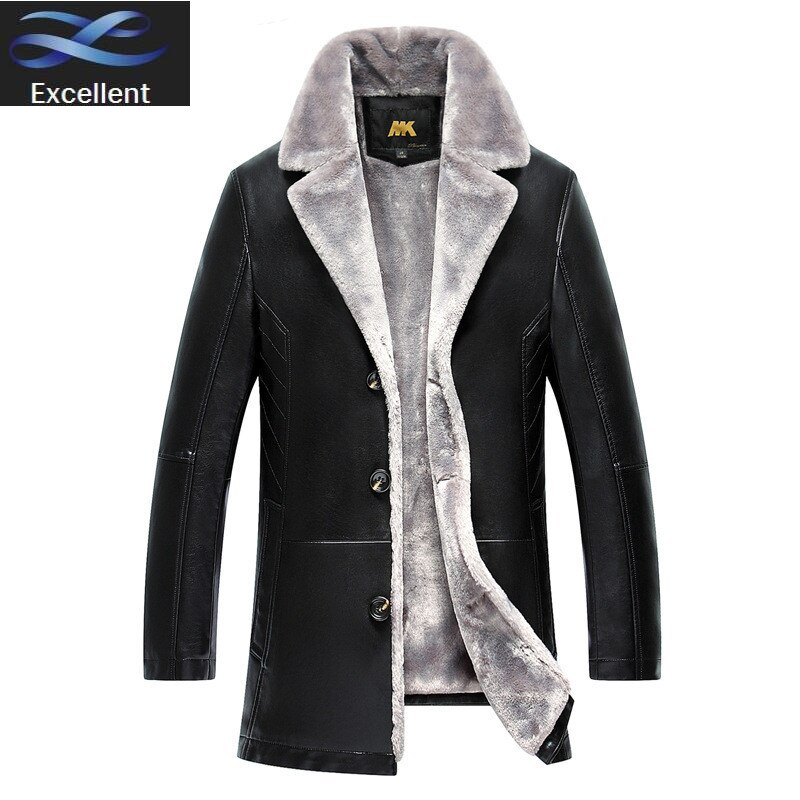 Collar Mens Fur Sheep Leather Male Jackets Long Plush Thick Overcoat Winter Jacket Keep Warm Coat Men Size M-6XL