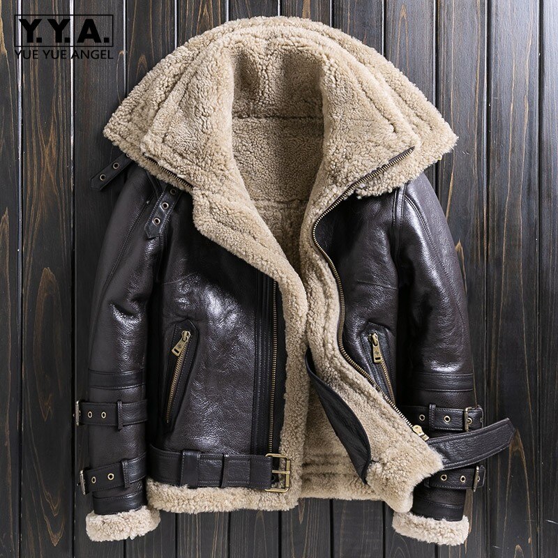 High Quality Genuine Leather Jacket Detachable Collar Natural Fur Slim Male Short Zipper Hip Hop Thick Warm Sheepskin Outerwear