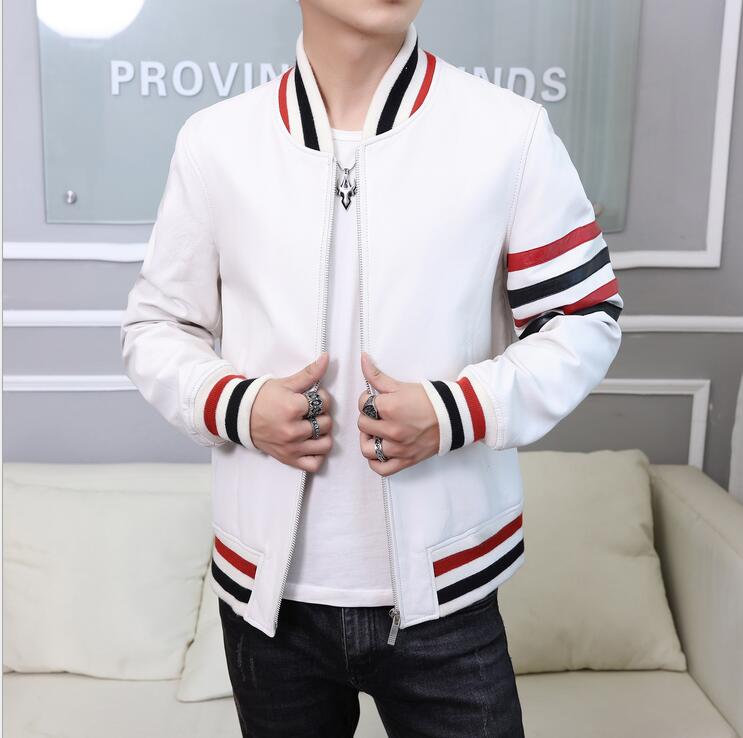 uniform New Genuine arrival Men's Sheepskin White Male Slim Baseball jacket High quality Leather Coat