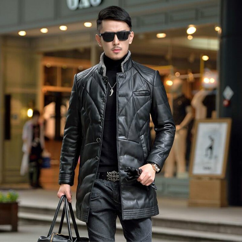 new leather down male 2021 Long Windbreaker Slim Korean Coat stand collar Business casual Winter jacket for men tide