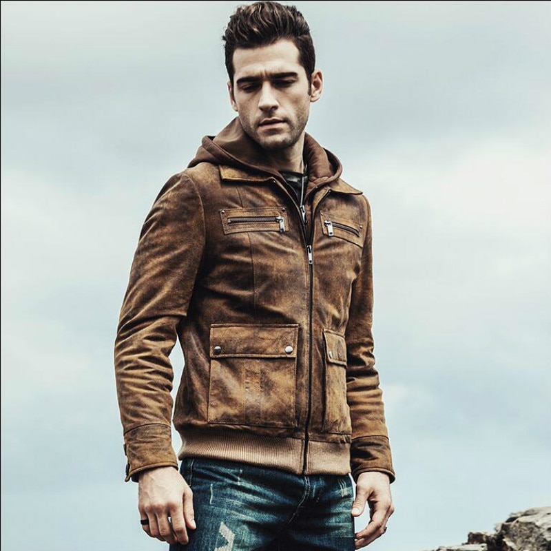 Real Hot Men's Free shipping Jacket Motorcycle Removable Hood Winter Coat Men Warm Genuine Leather Plus Size Jackets