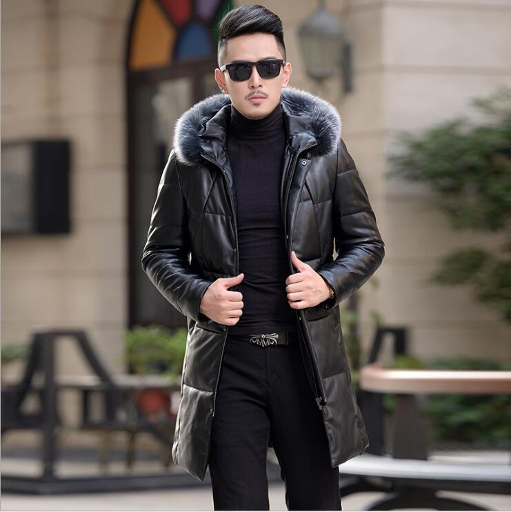 shipping Brand Men's Winter Free New leather jacket Men Korean Slim Long Windbreaker Fashion male Hooded fox fur collar Outwear