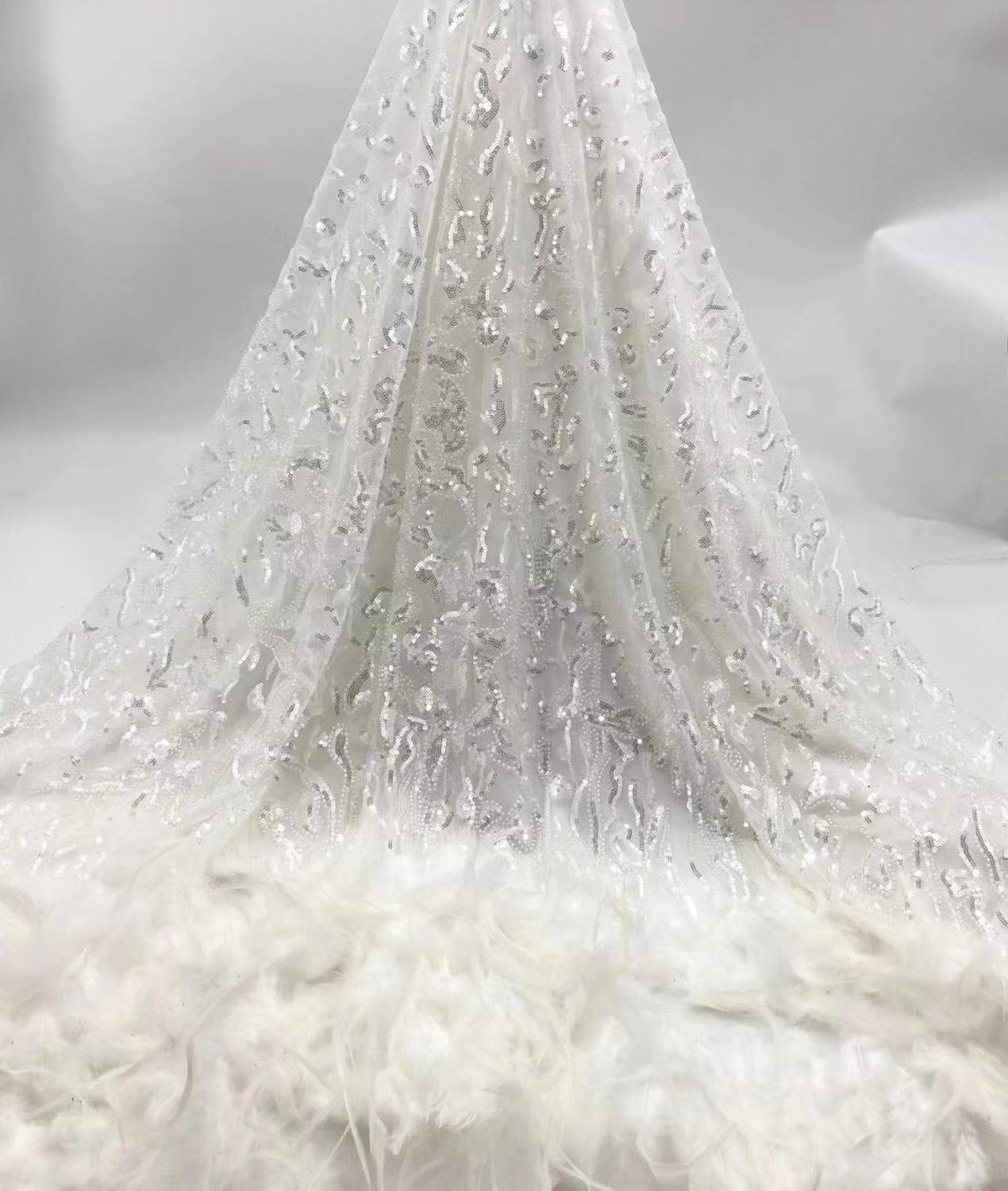 Hig-End Quality White Luxury Cassic Lace Elegant Fabric Feathers Embroidery Tulle Sequince Fabric Bridal Wedding Dress NN635-1