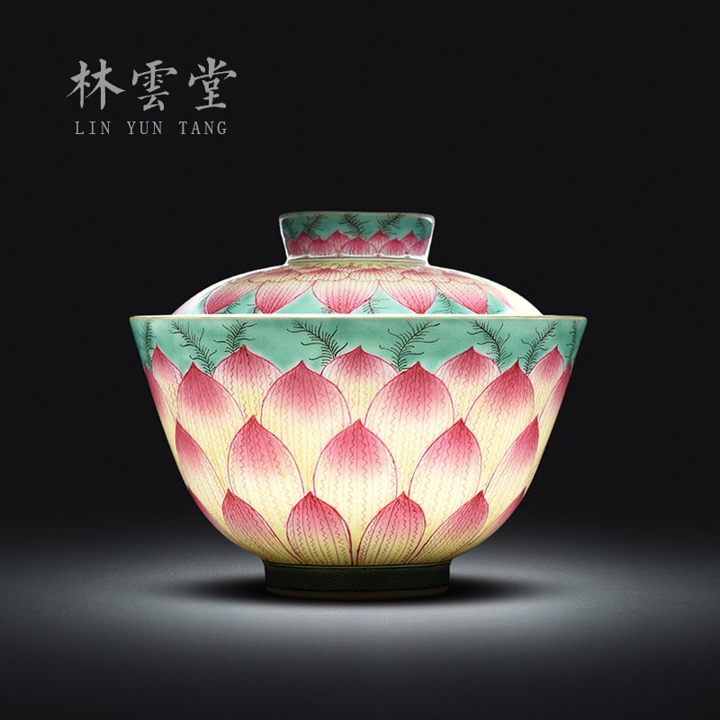 Lin Yuntang hand painted Buddha lotus seat green space pastel Ercai bowl Jingdezhen handmade ceramic kungfu tea cup