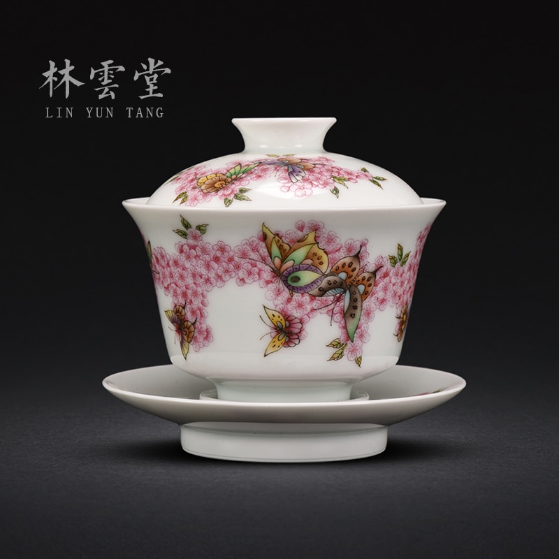 Yuntang hand-painted peach colored enamel butterfly play only three tureen jingdezhen ceramic kunfu tea tea cup by hand