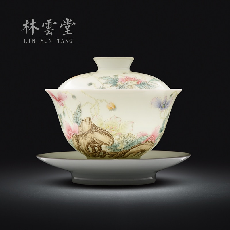 Yuntang hand painted Yumeiren enamel Sancai cover bowl Jingdezhen handmade ceramic tea cup imitating Qianlong Kung Fu