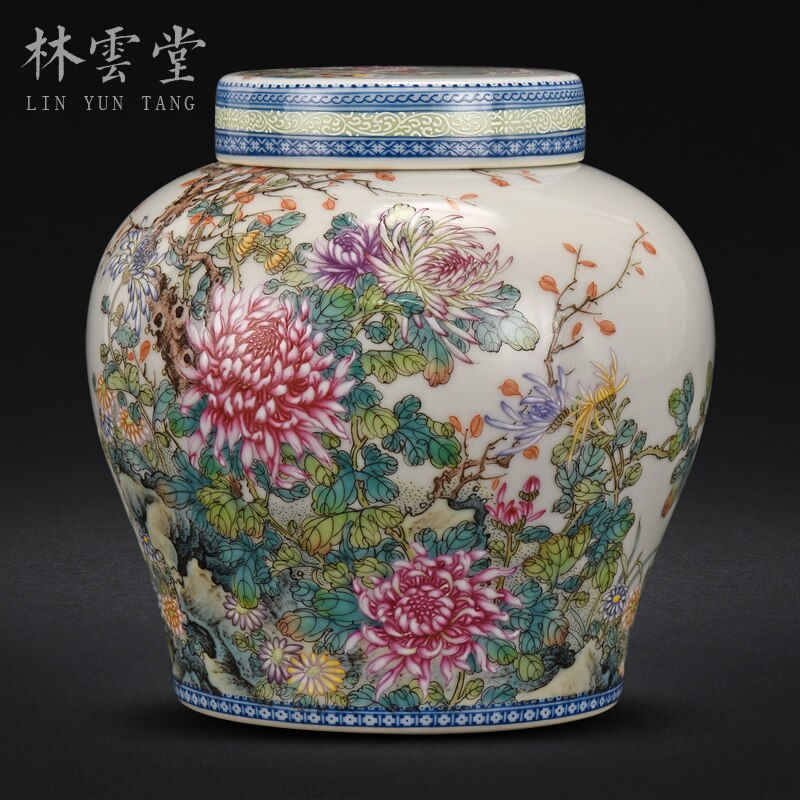 hand painted chrysanthemum blue and white pink tea jar Jingdezhen handmade ceramic sealed storage tank small ornaments