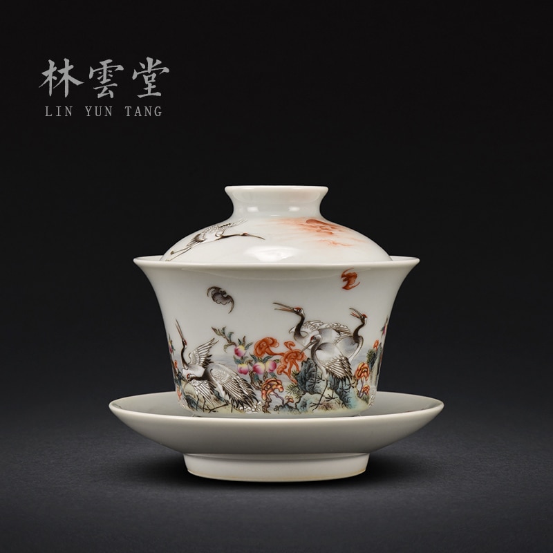 painted crane, longevity peach, pink three talent cover bowl, Jingdezhen handmade ceramic Kung Fu tea bowl and tea cup