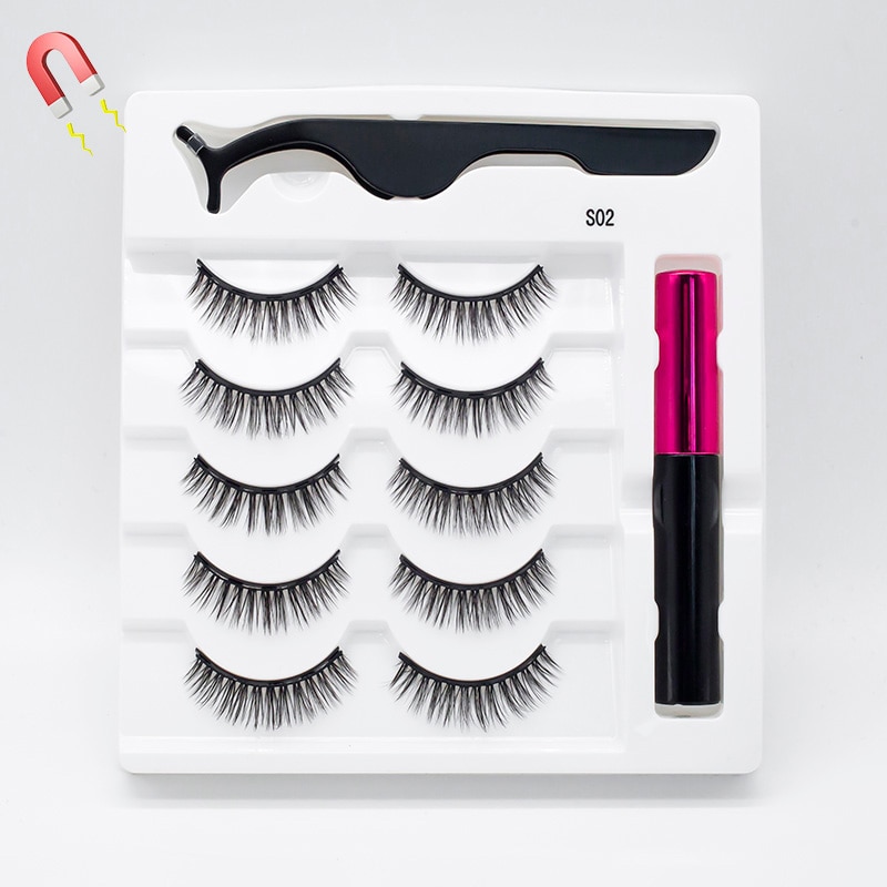 5 Pairs/Set Magnetic Eyelashes False Lashes Repeated Use Eyelashes Waterproof Liquid Eyeliner With Tweezer Makeup Set