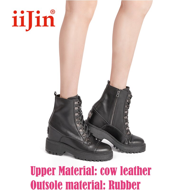 IIJIN cow leather European American style zipper inner heel heighten short tube thick bottom martin boots women's shoes botas