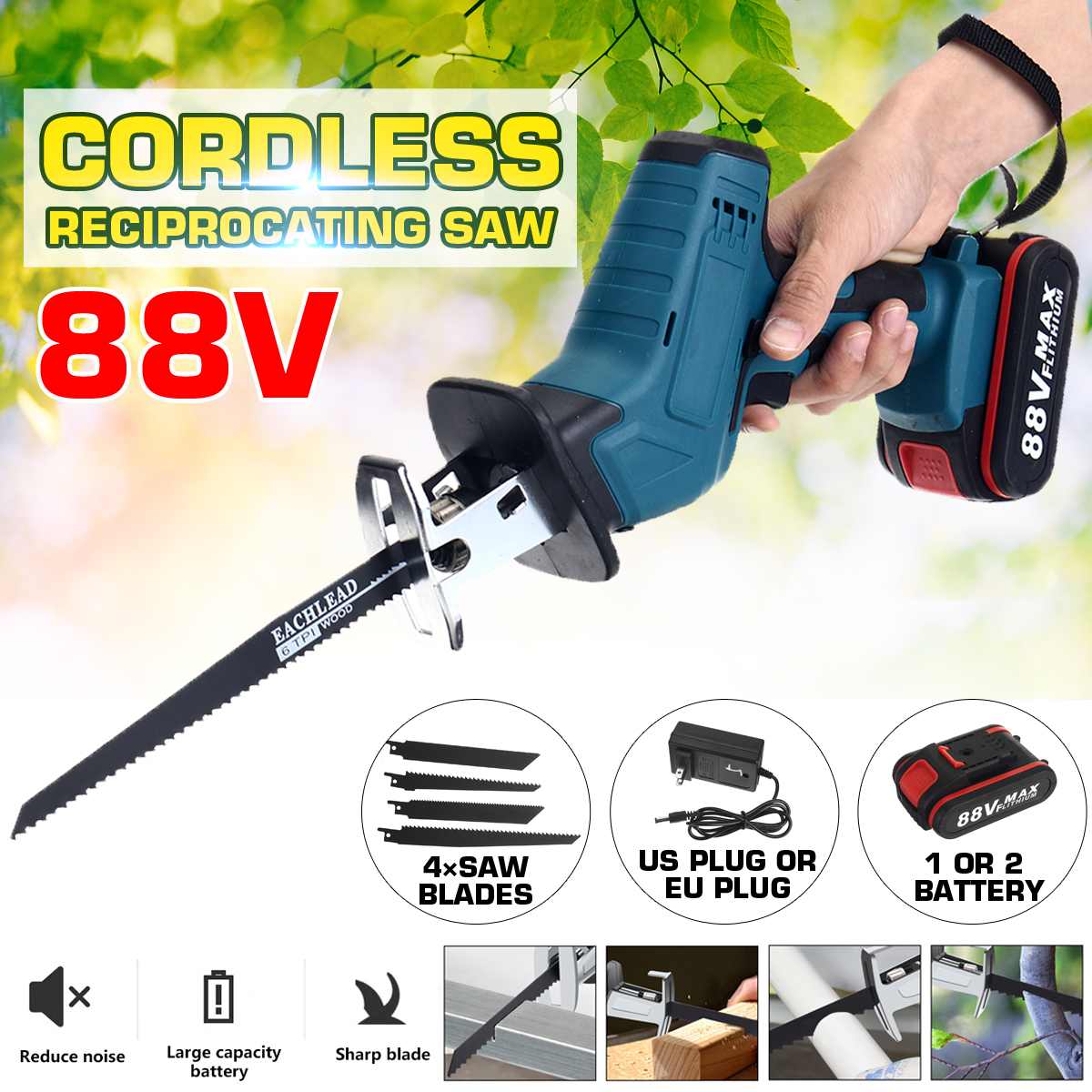 88V Cordless Reciprocating Saw With 4 Blades Rechargeable Electric Saw for Sawing Branches Metal PVC Wood Cutting Machine Tool