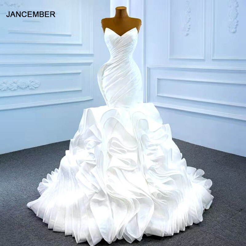 J67221 JANCEMBER Sexy White Mermaid Sleeveless Wedding Dress 2021 Elegant And Lace Up With Back V-Neck