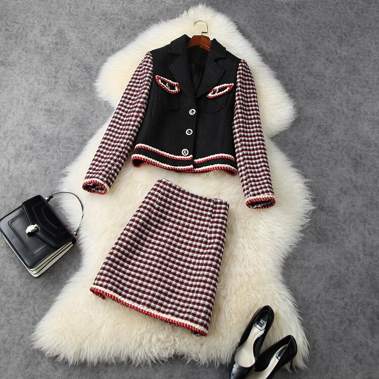 European and American women's wear 2020 winter new style Long sleeve spliced tweed coat skirts Fashionable two-piece suit