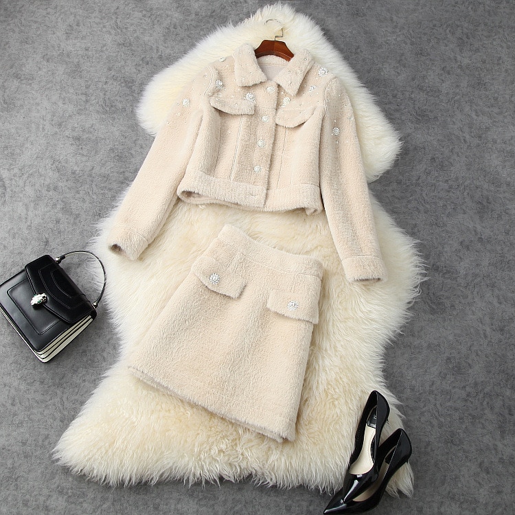 European and American women's wear 2020 winter new style Long - sleeved beaded coat Sable skirt Fashionable two-piece suit