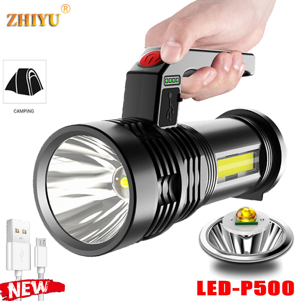USB Rechargeable Super Bright Portable Portable Lamp Strong Light P500LED Lamp + COB Side Light Floodlight Outdoor Searchlight