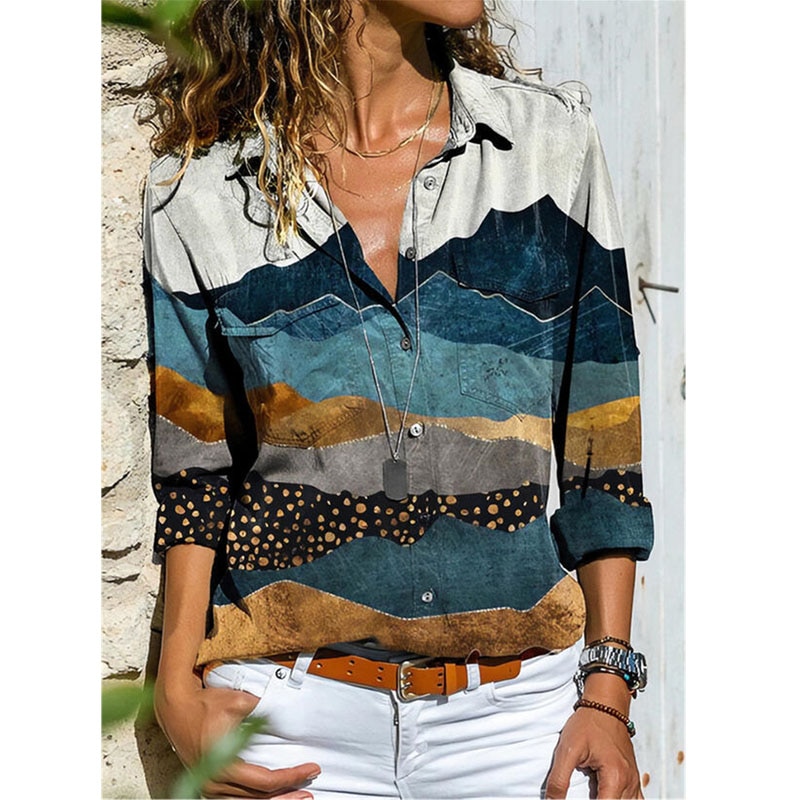 Spring Summer Women's Printed Pocket Long-sleeved Blouses Shirt Ladies Fashion Casual Tops Plus Size Loose Shirts Women Clothing