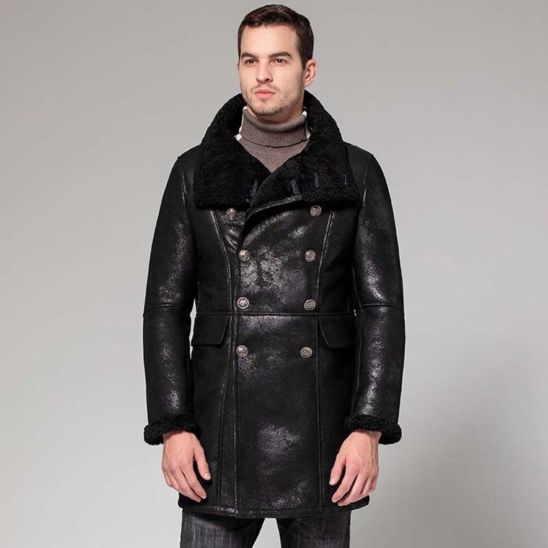 New Black Shearling Coat Mens B3 Bomber Leather Jacket Long Fur Outerwear Winter Hunting Overcoat