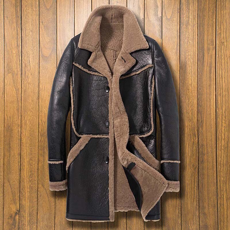 New Mens Sheepskin Shearling Jacket Long Winter Coat Hunting Leather Overcoat Natural Fur Parkas