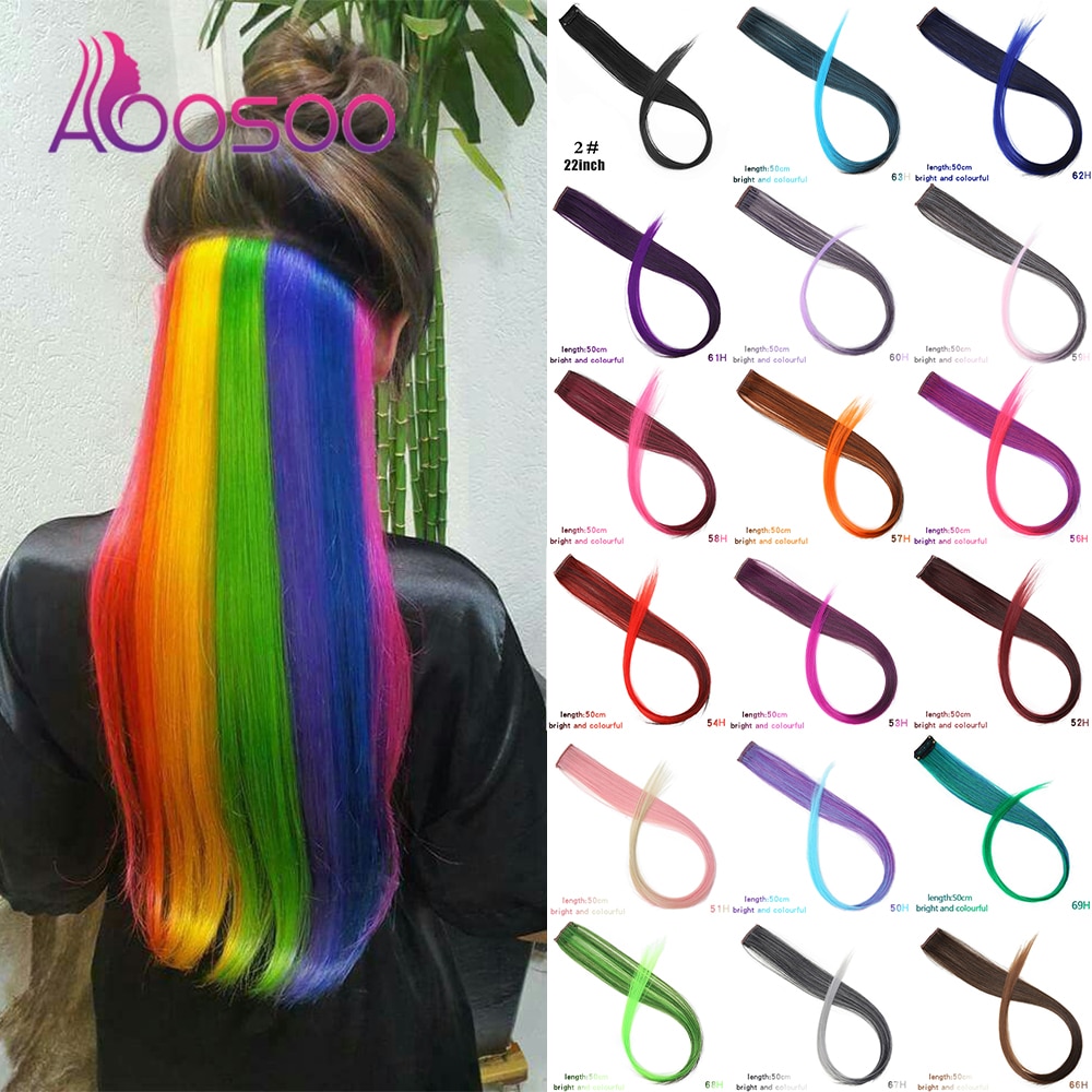 AOOSOO rainbow stripe synthetic color pink,hair extension clip, straight hair extensions, hair extensions in hair clips