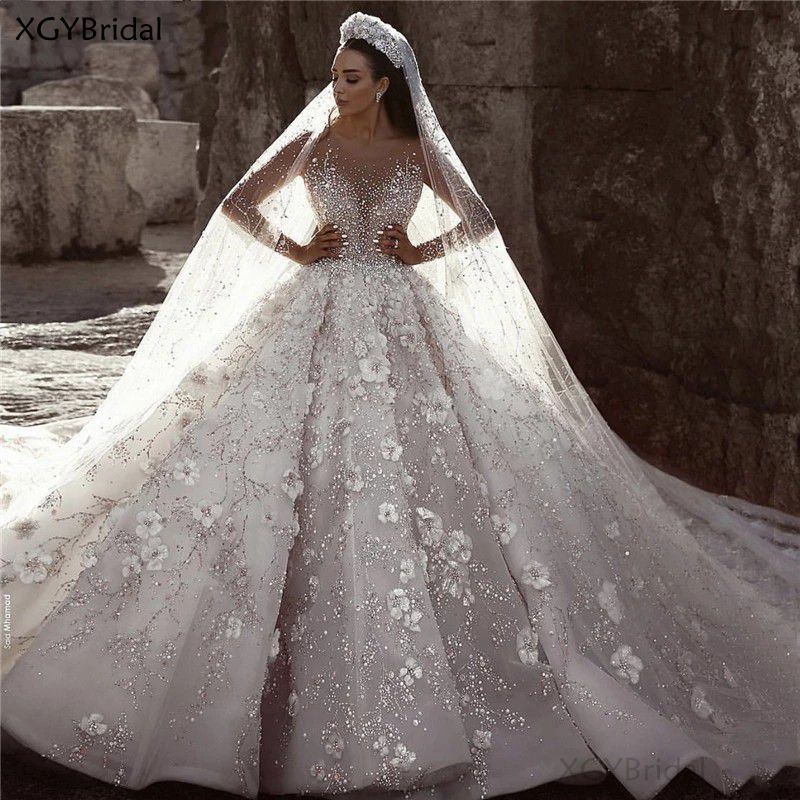 New Arrival Luxury Ivory Long Sleeves Wedding Dresses 2021 Handmade Flowers Sequined Bridal Gown Custom Made Vestido de Noiva