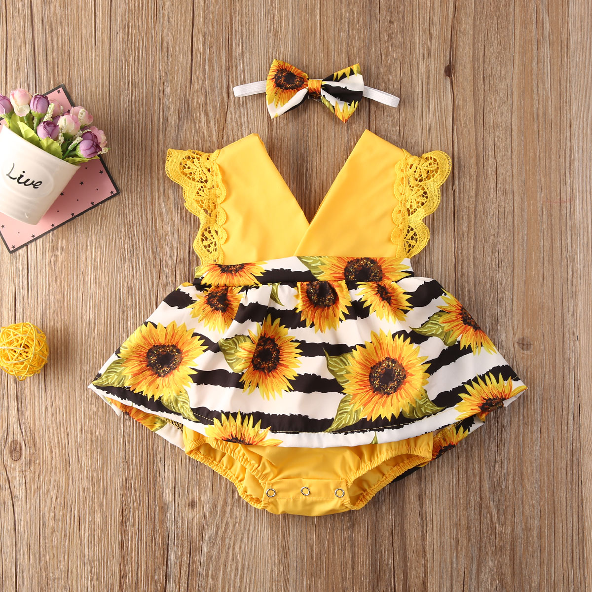 Newborn Baby Girl Clothes Lace Ruffle Sunflower Print Romper Headband 2Pcs Summer Sleeveless Outfits Sunsuit for 0-24Months