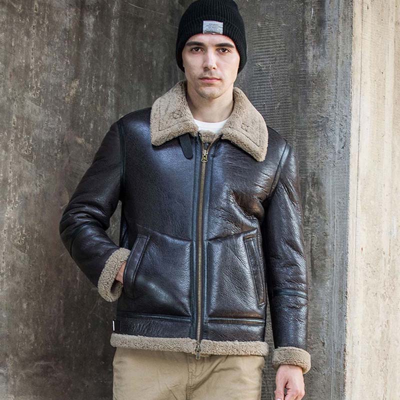 New Shearling Coat Mens B3 Bomber Jacket Black Motorcycle Leather Overcoat Winter Fur Outerwear