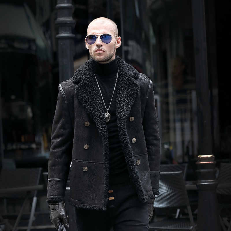 Winter Shearling Male Double-Breasted Drop-Shoulder Sleeve Fashion Big Brand Thicken Suit Leather Coat Black Size XL - 4XL