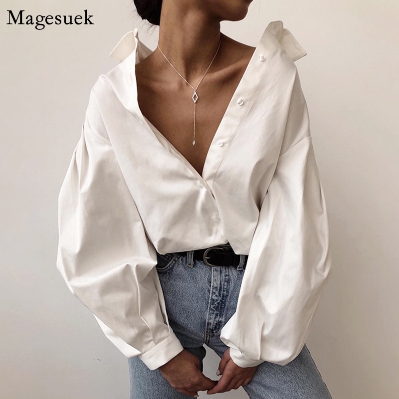 Casual Vintage Sexy Button White Blouse Women Lantern Sleeve Plus Size Loose Women Shirt Cotton Office Ladies Tops Blusas 10903