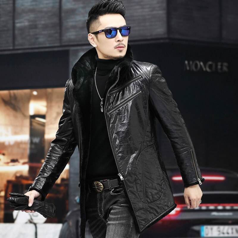 Fashion and Handsome Mens Genuine Leather Clothes Shearling long Oblique Placket Fur Coat Slim Winter
