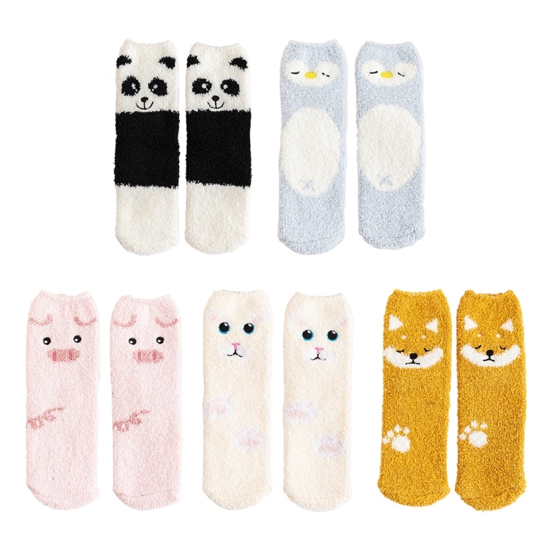 Women Winter Thicken Coral Velvet Fuzzy Slipper Crew Socks Cute Cartoon Animal J LX9E