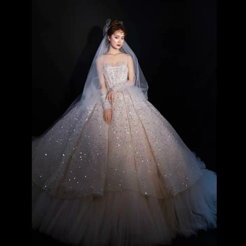 Sparkle Princess Wedding Dress For Women 2021 Plus Size Bridal Dresses Ball Gown Long Sleeve Lace Up Back Vestido De Noiva