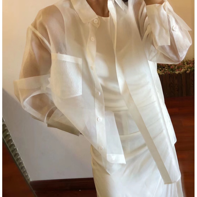 Summer 8.28 2021 Spring New Fashion Silk Organza Loose Lapel Thin Breathable Sun Protection Shirt Boutique Women