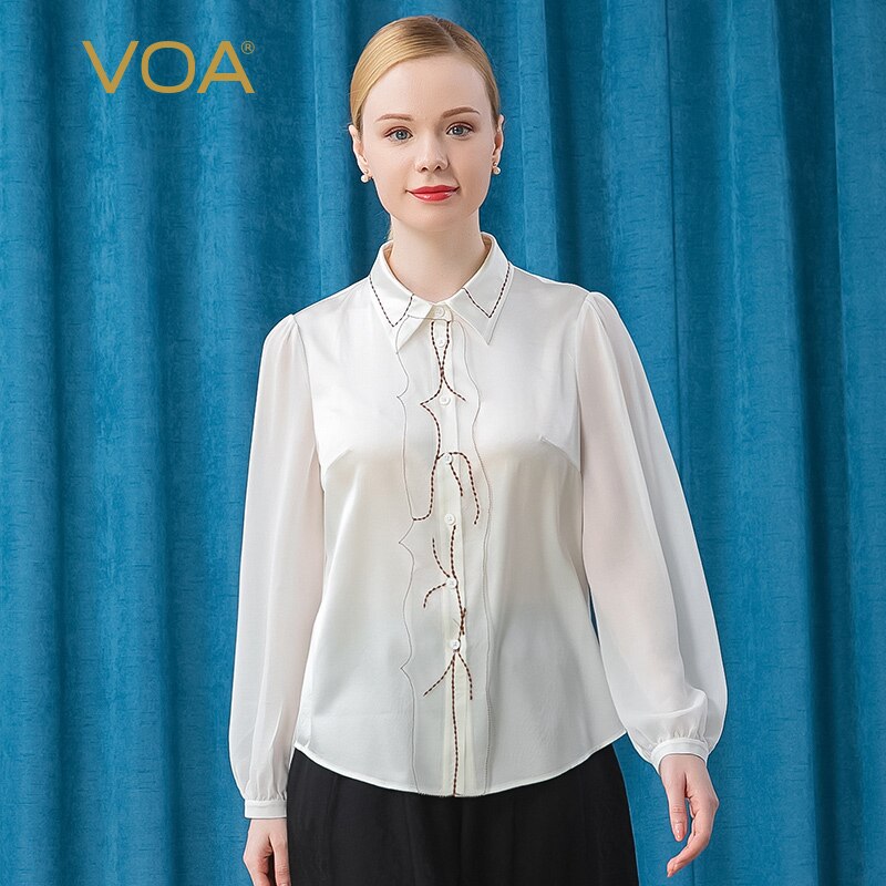 VOA Silk Milk White Elastic Satin Bright Line Embroidered Polo Collar Breasted Three Silk Decorative Long Sleeve Shirt BE367