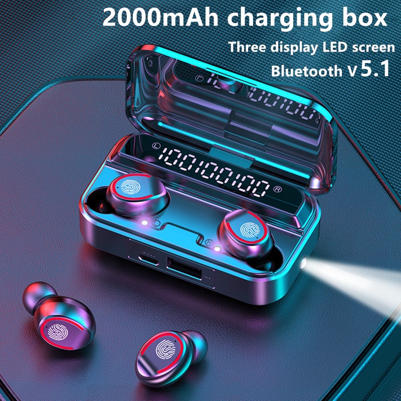 Bluetooth Headphones TWS 5.1 Wireless Earphone Noise Canceling 9D Music Earbuds With motion Mini Flashlight 2000mAhCharging Case