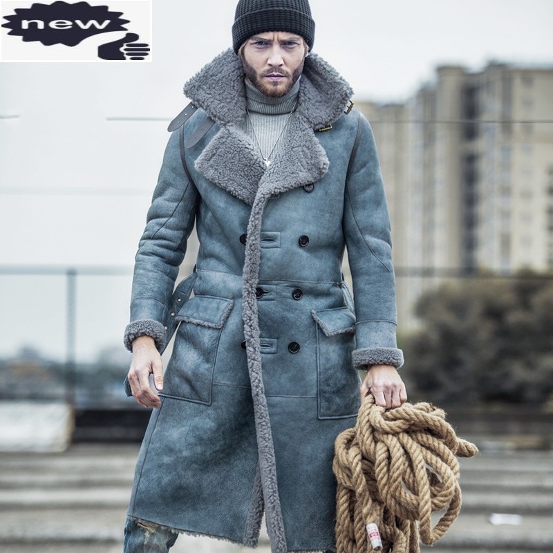 Italy Winter Warm Mens Thicken Sheep Fur Lining Overcoat Natural Shearling Luxury 100% Genuine Leather Long Coat Military Jacket