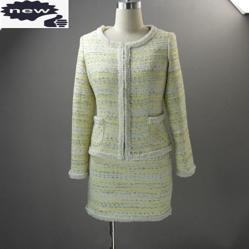 Luxury Brand Beading Two Pieces Sets Runway Long Sleeve Slim Fit Tops Coats + Mini Skirt Business Casual Sexy Outfit Women