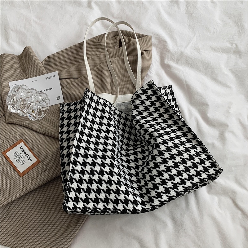 Big Tote Bag Women Bag Vintage High-capacity Shoulder Bags Houndstooth Hasp Soft Handbag Shopping Bag Korean lady Handbag