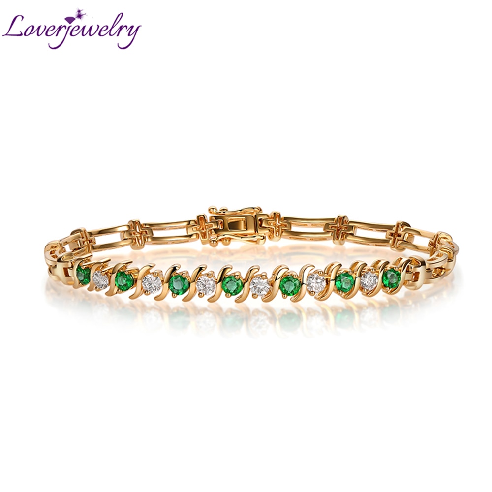 LOVERJEWELRY Emeralds Diamonds Bracelet Gold Real 14Kt Yellow DIY Gemstones Natural Green Emerald Diamond Bracelet For Women