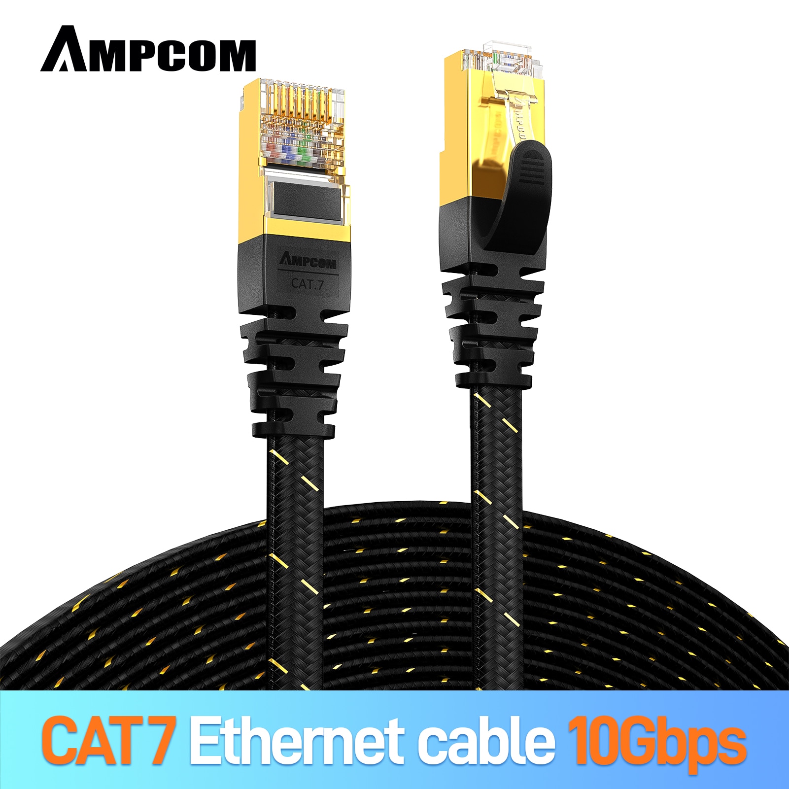AMPCOM CAT7 Ethernet Cable (10G 600MHz), Shielded Flat RJ45 Network Patch Cord, 50u Gold Plated Lead, Polyester Braided
