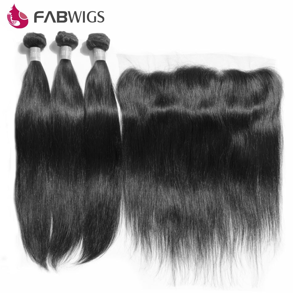 Fabwigs Straight Bundles With Frontal Human Hair with Deep Wave Closure 13x4 Transparent Lace Frontal Closure with Bundles