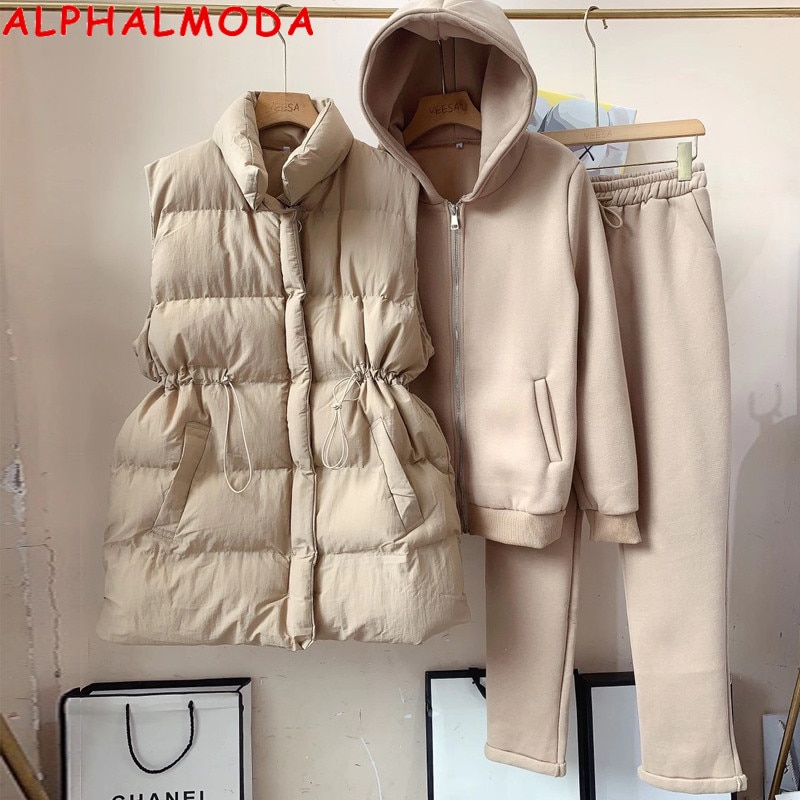 ALPHALMODA 2020 New Arrival Padded Vest Zip Hooded Trousers Women Winter Warm 3pcs Sweatpants Suit Solid Color M-XL