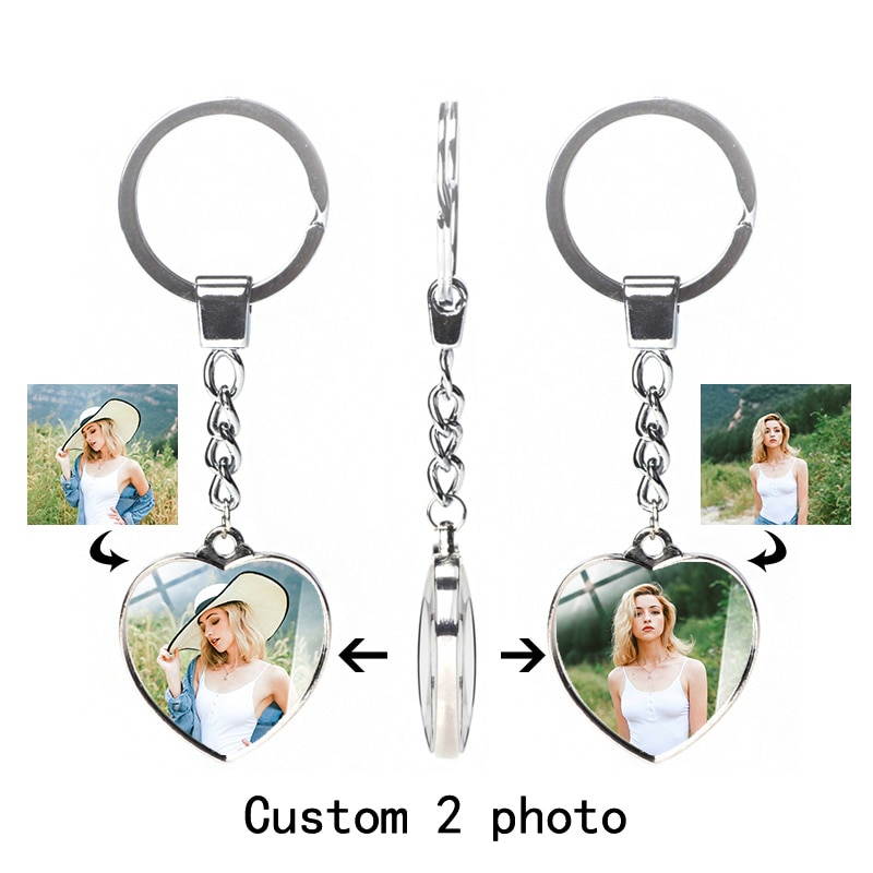 Custom keychain with personalized photo Double sided heart keychain female car family couple gift fashion crystal glass jewelry