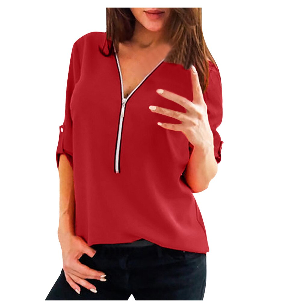 Women's Chiffon Casual V-neck Long Sleeve Zipper Front Loose Shirt Fashion Top Autumn Style Woman Dress Ropa De Mujer